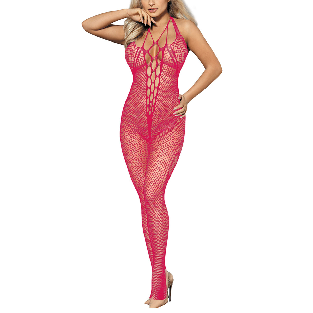 Bodystocking résille fuchsia poitrine ajourée