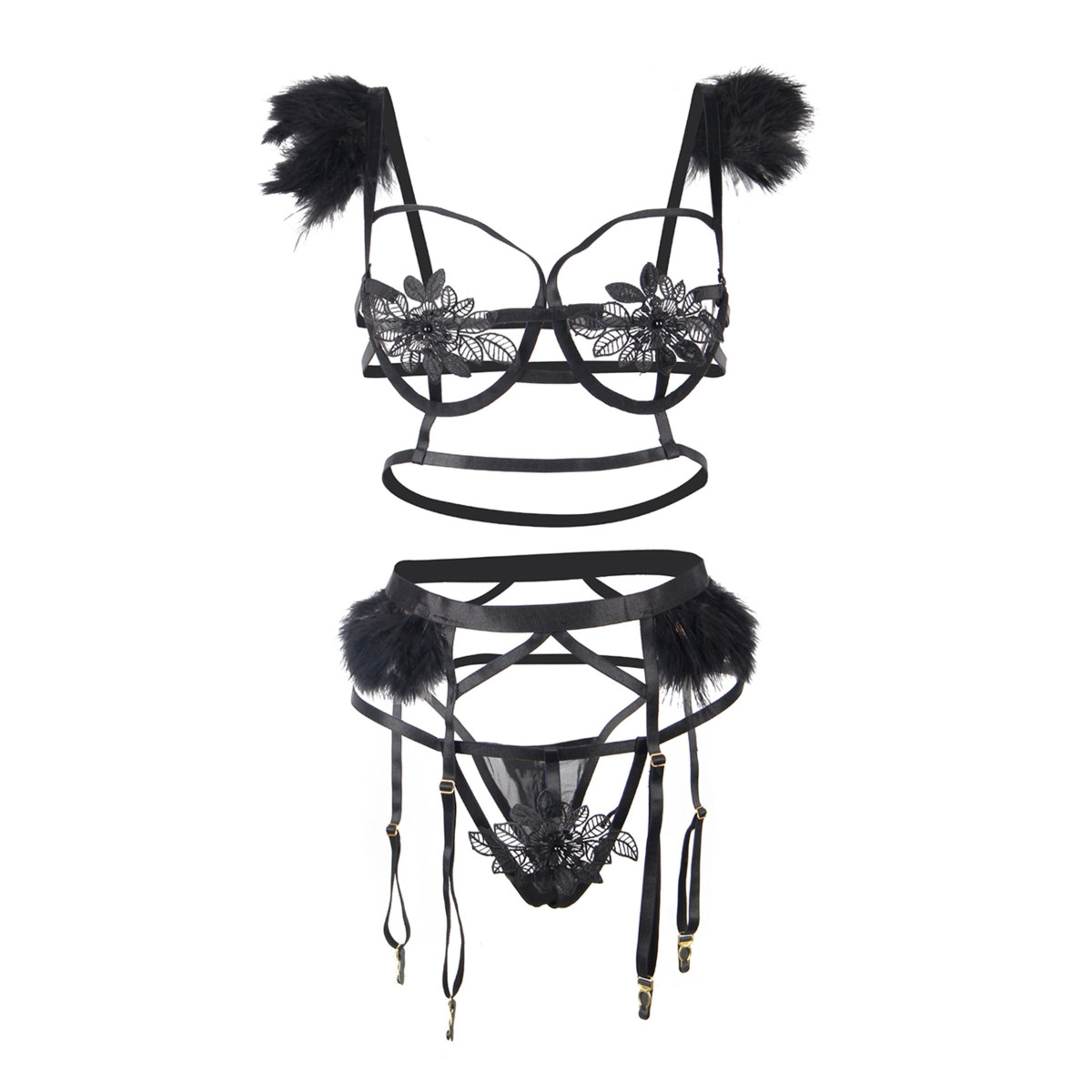 Conjunto de lingerie preto com penas para baixo